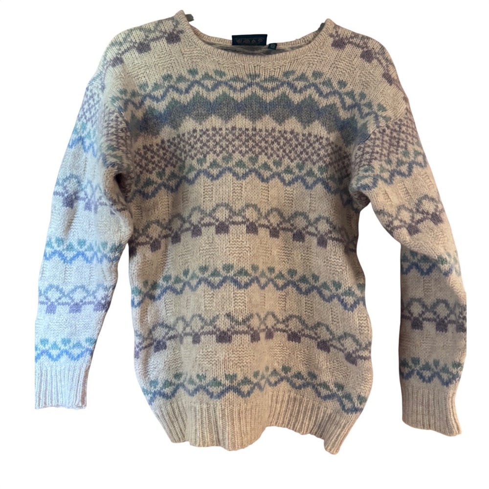 Gaeltarra Ireland Pure Wool Fair Isle Sweater Womens Small Blue Cream Made in IE